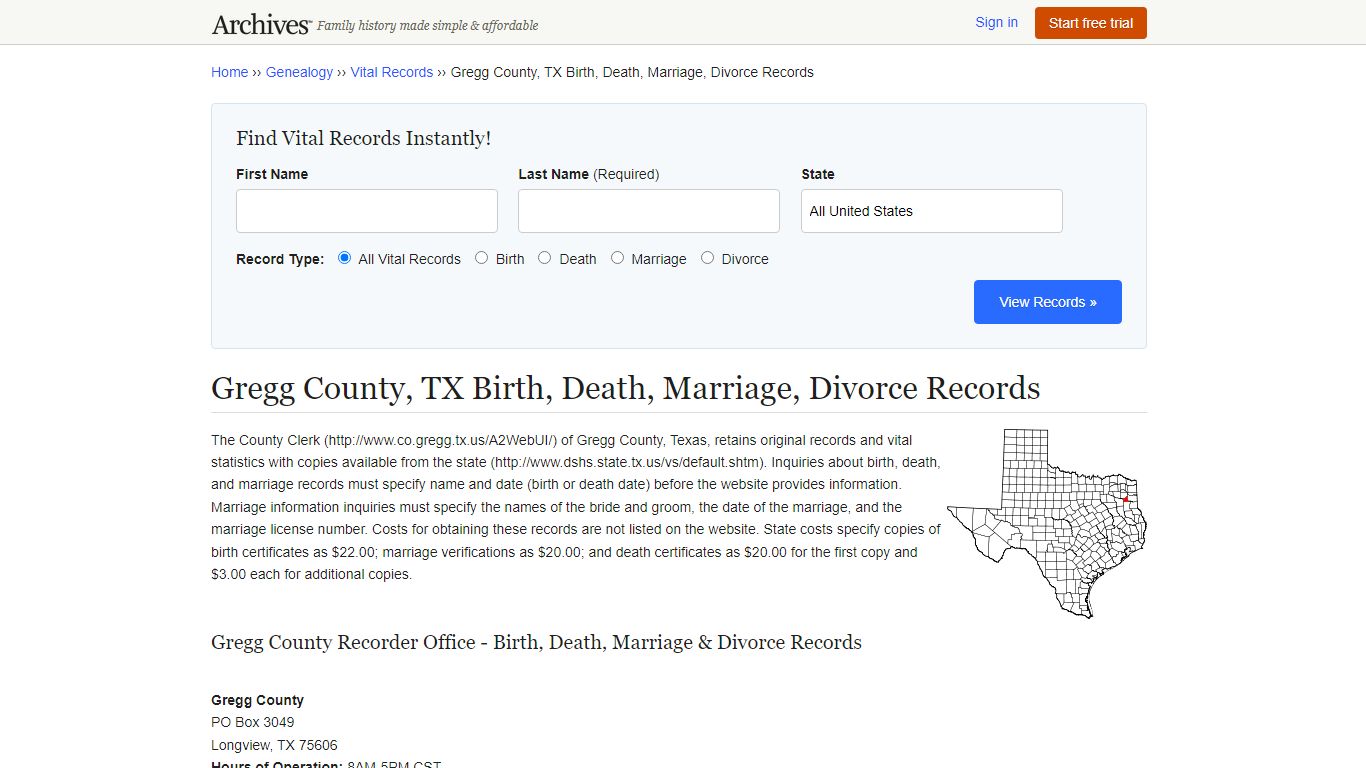 Gregg County, TX Birth, Death, Marriage, Divorce Records